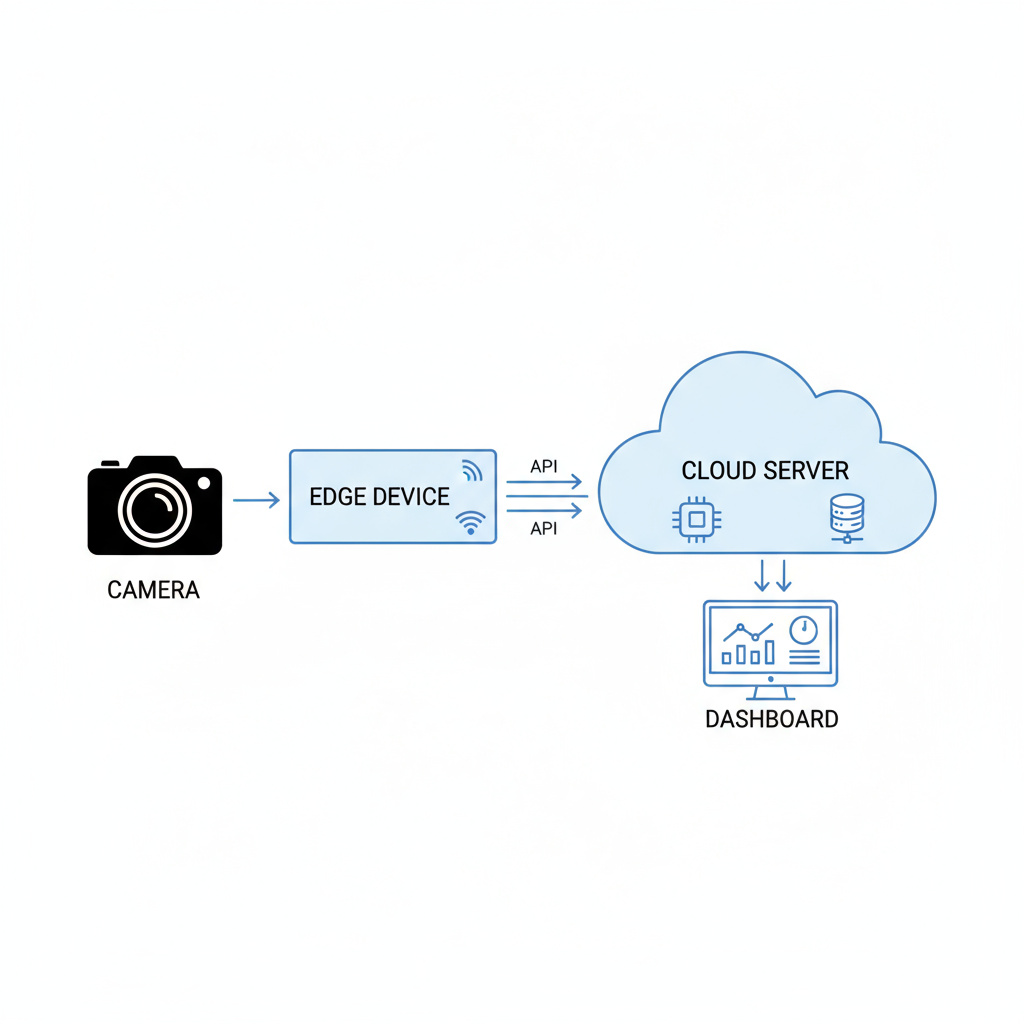 Diagramm: Kamera, Edge, Cloud, APIs und Dashboard