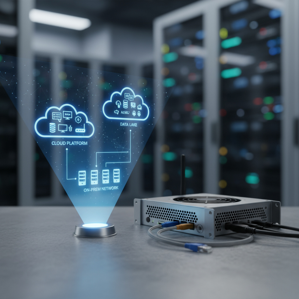 Edge‑Device neben Netzwerkdiagramm und Cloud‑Icons