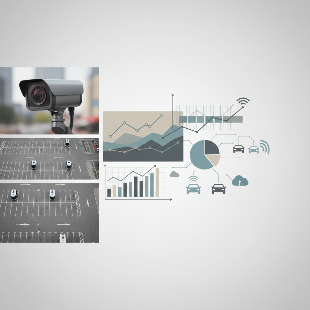 Collage: Kamera, Parkfläche, Analytics‑Charts