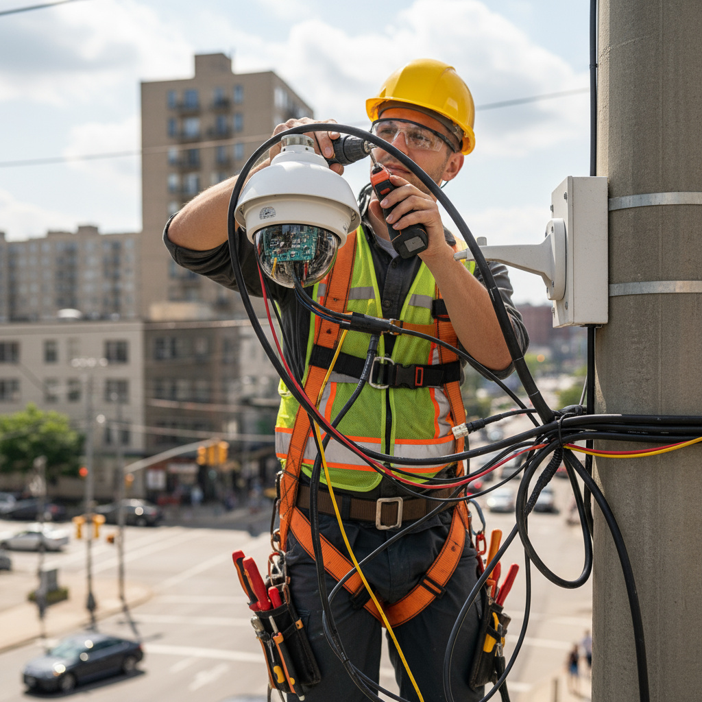 Techniker installiert Kamera an einem Mast
